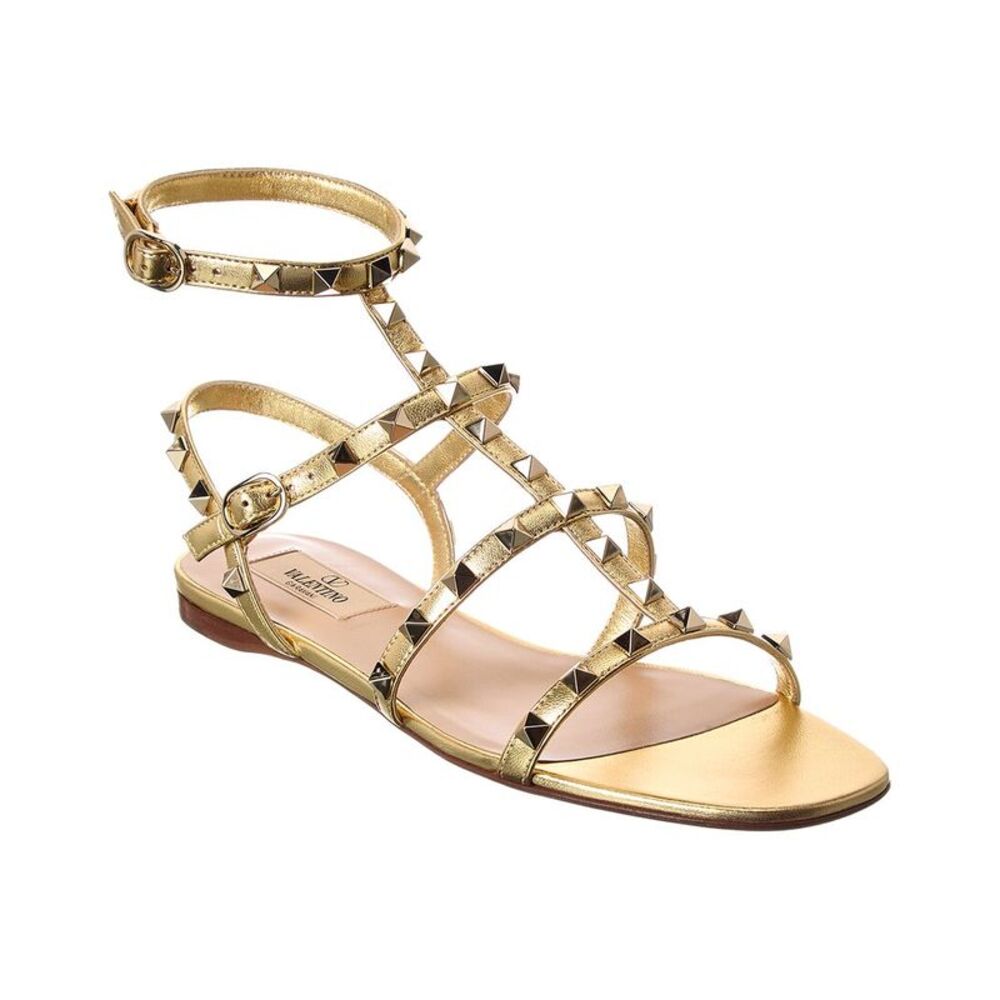 Valentino Rockstud Caged Leather Ankle Strap Sandal, Beige